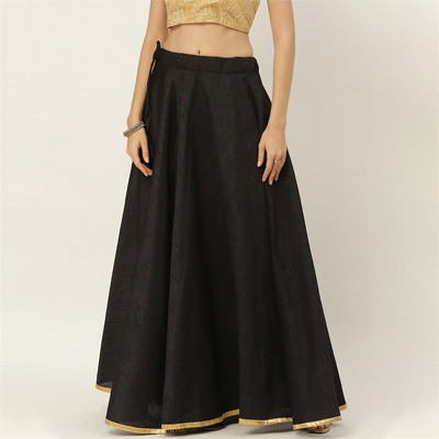 Women Black Solid Full Flare Double Lehenga Skirt