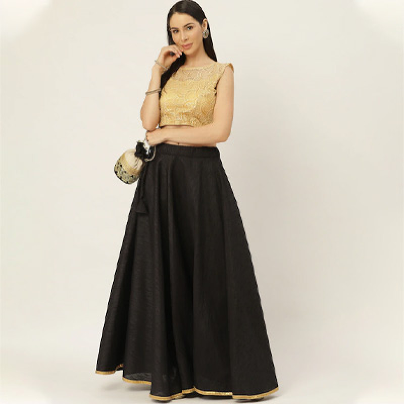 Women Black Solid Full Flare Double Lehenga Skirt